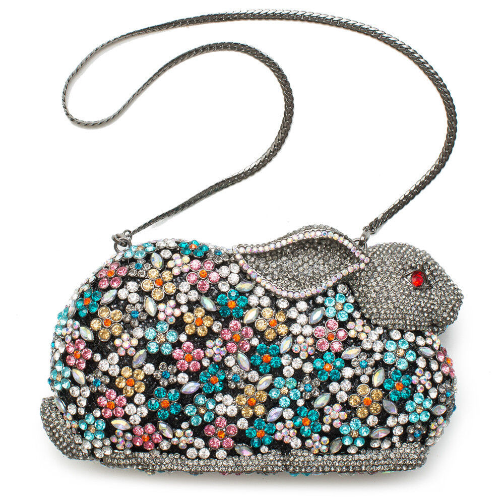 Rabbit Hip Hop Minaudiere Evening Bag Handbag Silver Crystal Clutch Beaded New